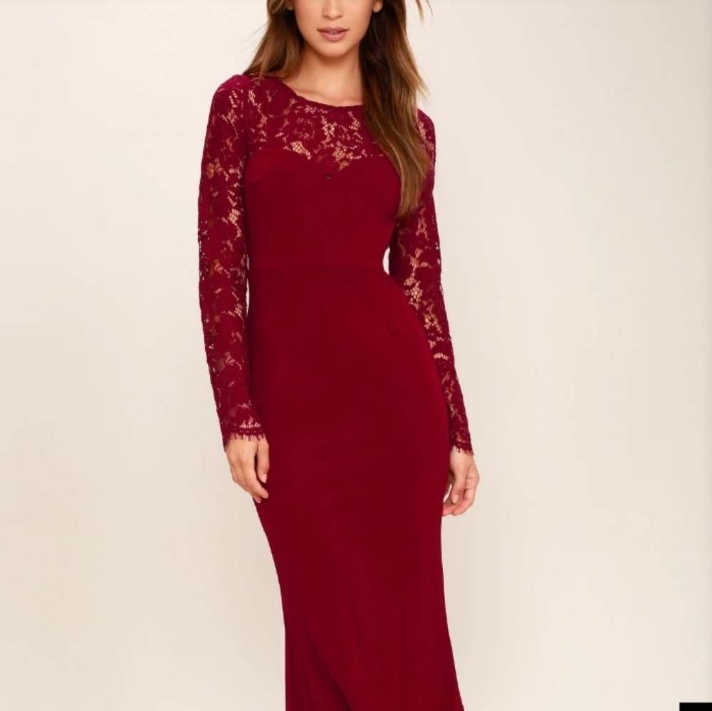 Lulus WHENEVER YOU CALL WINE RED LACE MAXI DRESS